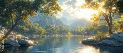 Fototapeta Naklejka Na Ścianę i Meble -  Serene river landscape with large boulders and lush trees evoking a prehistoric Jurassic world atmosphere at sunrise