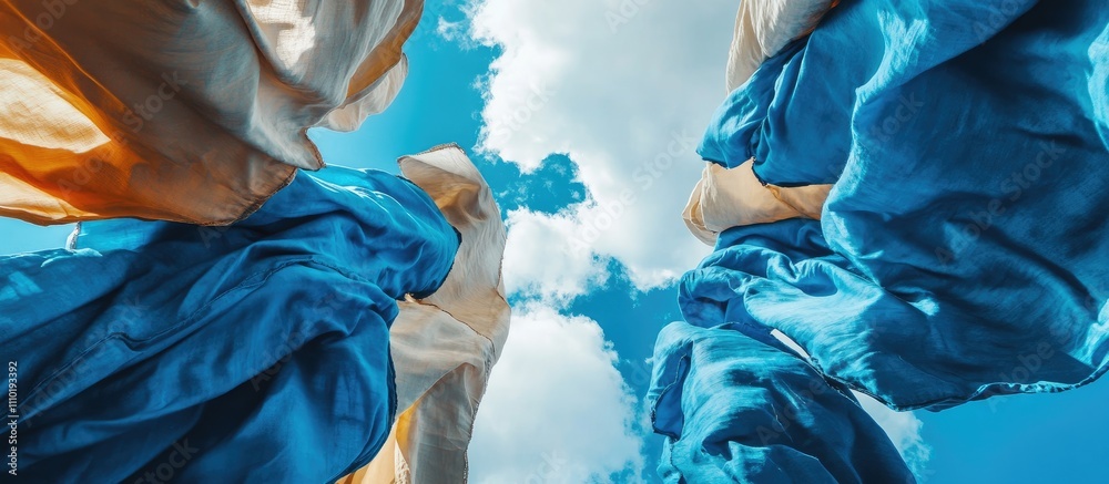 Honduras national flag waving in the breeze against a bright blue sky with clouds showcasing vibrant colors and textures of fabric. Honduras national flag waving in the breeze against a bright blue sky with clouds showcasing vibrant colors and textures of fabric.