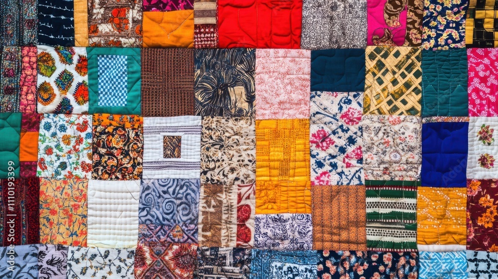 A vibrant patchwork quilt with various patterns and colors representing different cultures, Illustrating the richness and variety of cultural contributions, minimalist style