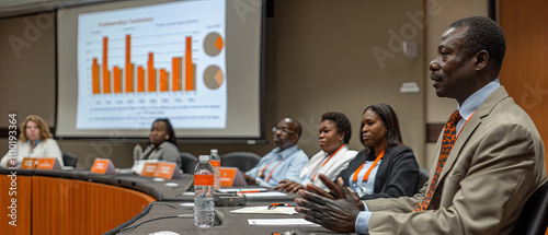 Discussion panel on community development strategies held in a conference room featuring experts and data presentation