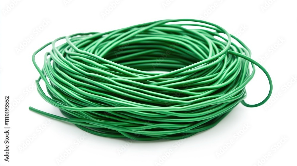 Green computer cables coiled neatly isolated on a clean white background for technology and electronics concepts Green computer cables coiled neatly isolated on a clean white background for technology and electronics concepts