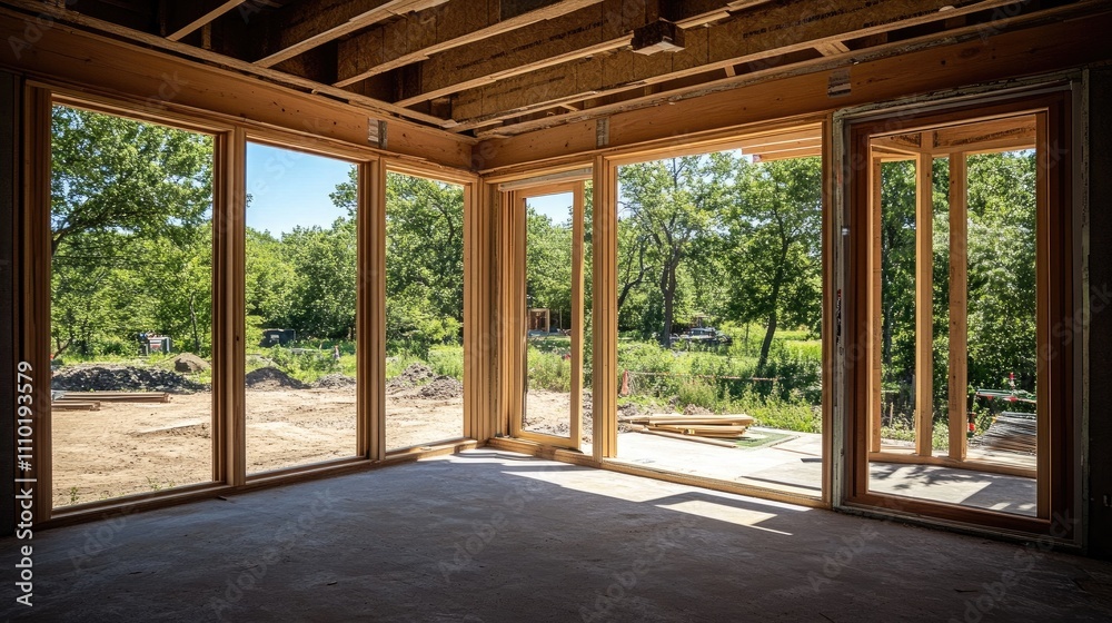 Modern window installation in a building shell showcasing serene outdoor views at a residential construction site. Modern window installation in a building shell showcasing serene outdoor views at a residential construction site.