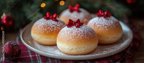 Festive Kourabiedes cookies with red bows on plate adorned with fir branches and plaid background for holiday celebrations photo