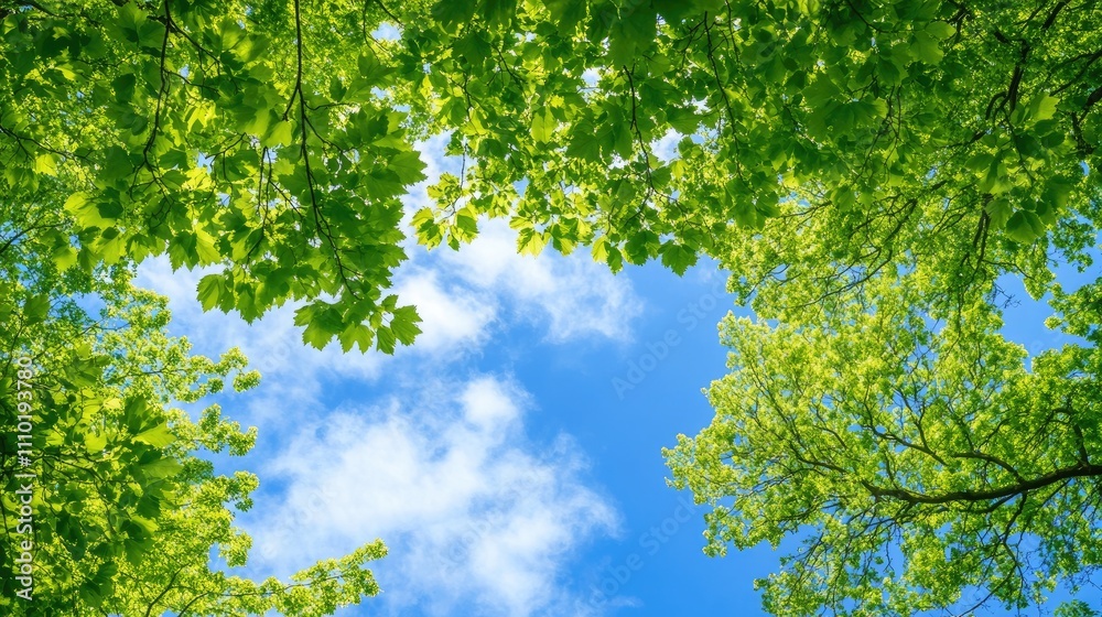 Green leaves frame with solar panel against blue sky symbolizing renewable energy and eco-friendly solutions in a vibrant spring setting Green leaves frame with solar panel against blue sky symbolizing renewable energy and eco-friendly solutions in a vibrant spring setting