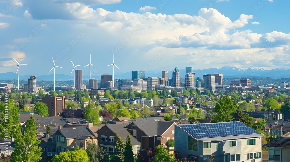 Obraz premium City skyline with wind turbines and green landscapes under a blue sky filled with clouds