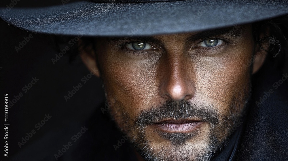 Mysterious man in black attire and wide-brimmed hat showcasing intense gaze and rugged features in a dramatic portrait shot. Mysterious man in black attire and wide-brimmed hat showcasing intense gaze and rugged features in a dramatic portrait shot.
