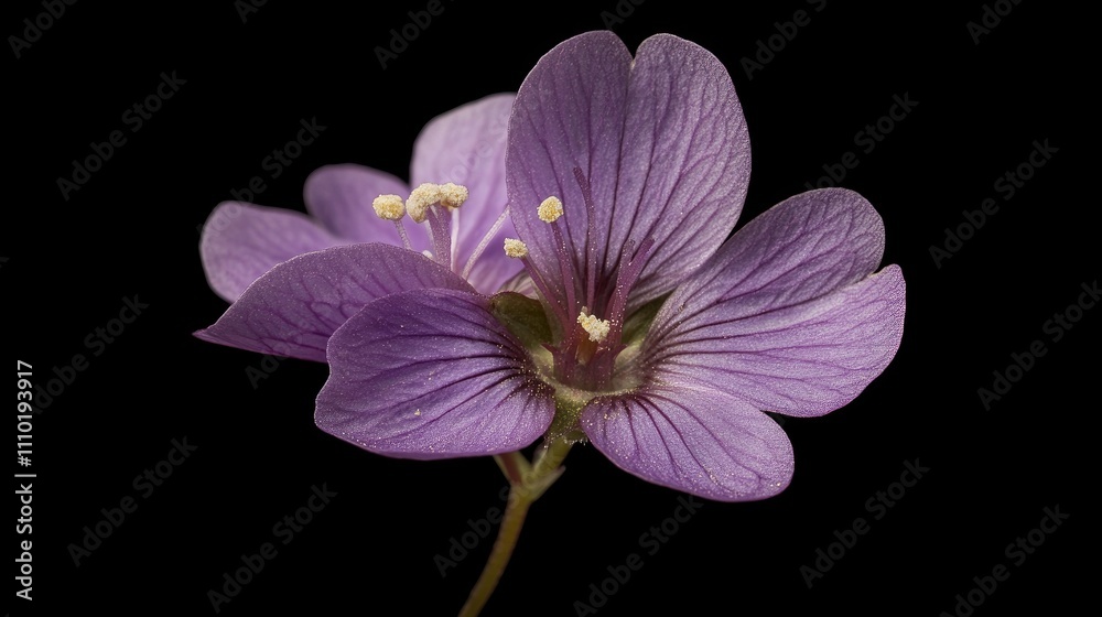 Obraz premium Delicate isolated purple flower with fine details on petals and stamen against a black background for elegant botanical illustrations.