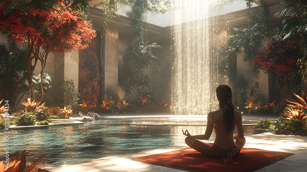 Meditative practice by a tranquil waterfall in a lush garden courtyard at dusk. Generative AI Meditative practice by a tranquil waterfall in a lush garden courtyard at dusk. Generative AI