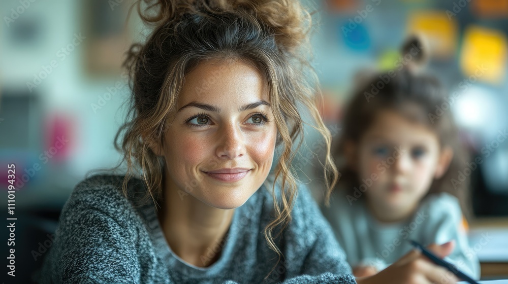 A woman smiles while engaging with a child in a cozy, creative environment. A woman smiles while engaging with a child in a cozy, creative environment.