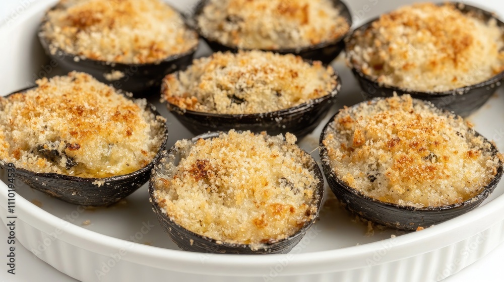 Italian baked mussels with breadcrumbs served in a white dish on a clean background showcasing delicious seafood cuisine. Italian baked mussels with breadcrumbs served in a white dish on a clean background showcasing delicious seafood cuisine.