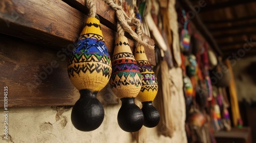 Vibrant hand-painted maracas hanging on a rustic wall showcasing traditional craftsmanship and cultural artistry in a warm setting.