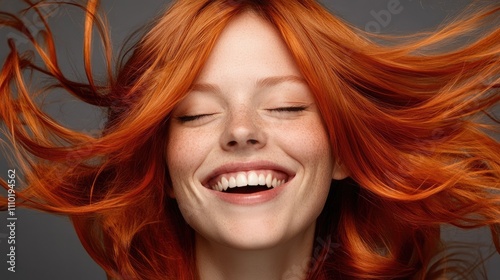 Joyful woman with flowing red hair expresses happiness against a gray backdrop capturing emotion and vibrant beauty.