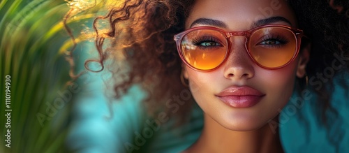 Stylish woman wearing sunglasses smiles at the camera surrounded by tropical foliage while enjoying a refreshing cocktail at a lively party photo