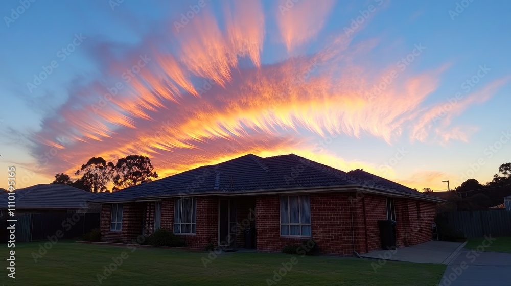 Wispy orange cirrus cloud formations during sunset casting a warm glow over a suburban home against a blue sky backdrop Wispy orange cirrus cloud formations during sunset casting a warm glow over a suburban home against a blue sky backdrop