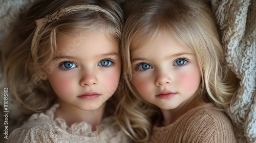 Twin girls with blonde hair and blue eyes, embracing closely, featuring soft expressions and warm tones in a serene, cozy setting.