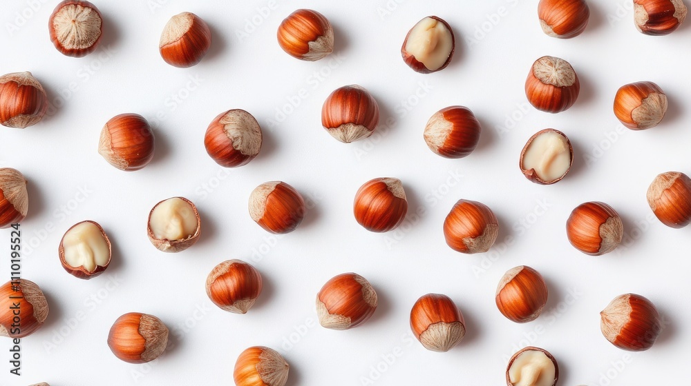 Hazelnuts arranged in a uniform pattern on a clean white background showcasing their natural texture and color. Hazelnuts arranged in a uniform pattern on a clean white background showcasing their natural texture and color.