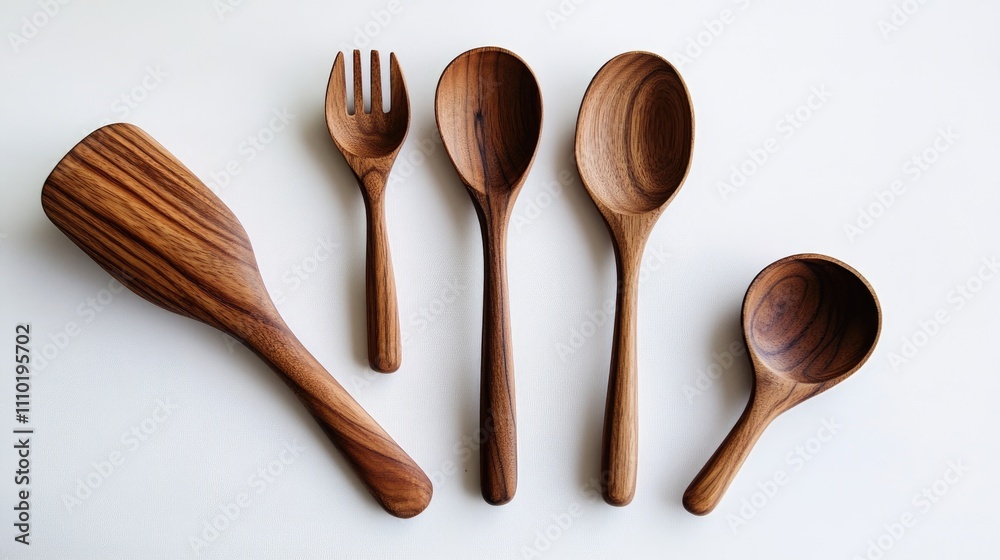 Wooden kitchen utensils arranged artistically on a clean white background showcasing craftsmanship and simplicity in culinary tools Wooden kitchen utensils arranged artistically on a clean white background showcasing craftsmanship and simplicity in culinary tools
