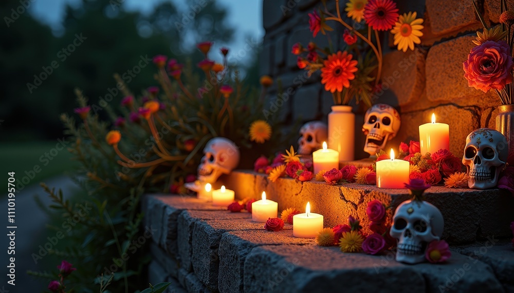Night Scene with Dia de los Muertos Offerings and Candlelit Altar. Night Scene with Dia de los Muertos Offerings and Candlelit Altar.