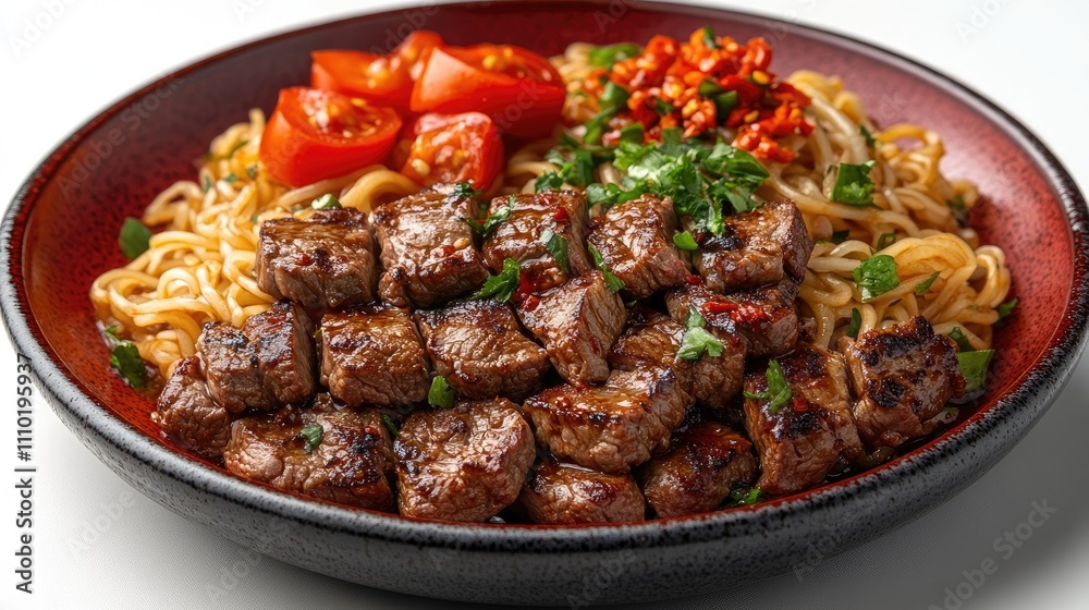 Grilled beef fillet served on noodles with red chili peppers and tomatoes on a vibrant plate against a clean white background Grilled beef fillet served on noodles with red chili peppers and tomatoes on a vibrant plate against a clean white background
