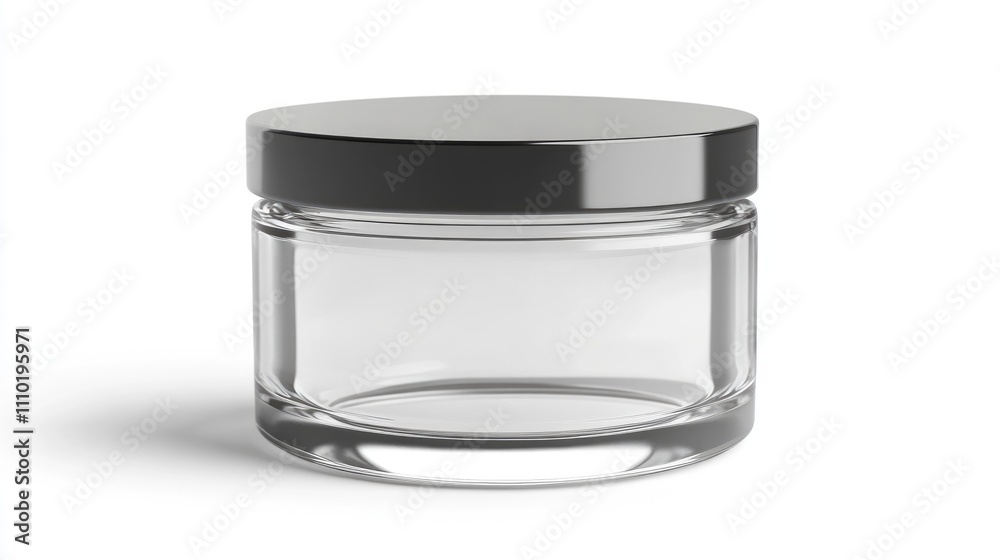 Transparent jar with a sleek black lid on a white background ideal for cosmetic or skincare product presentations. Transparent jar with a sleek black lid on a white background ideal for cosmetic or skincare product presentations.