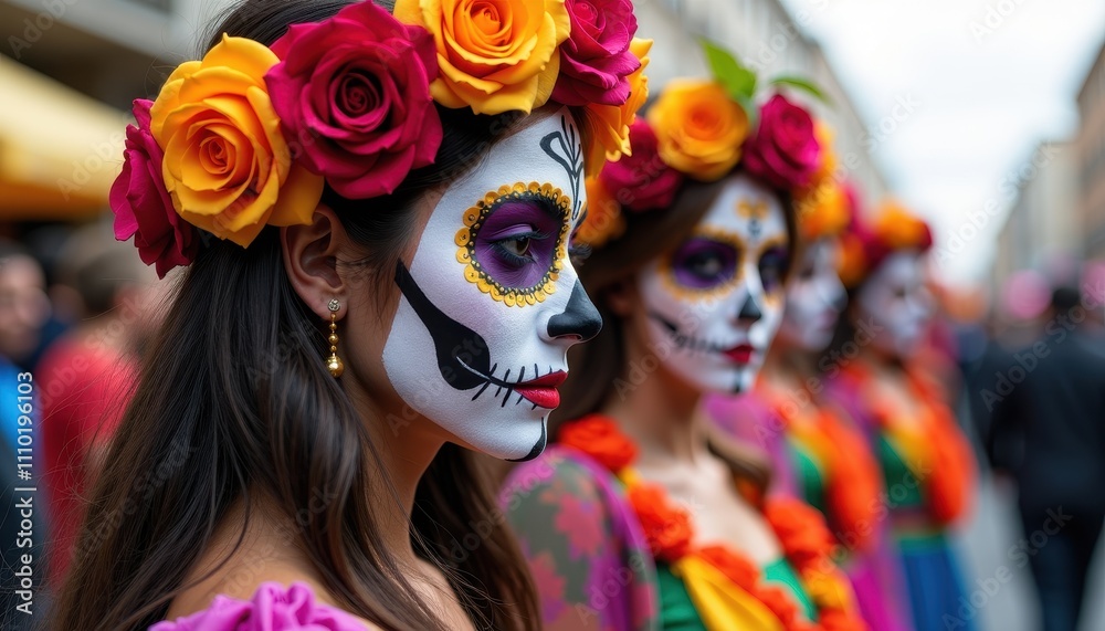 Festive Day of the Dead Parade with Colorful Costumes and Skull Face Paint. Festive Day of the Dead Parade with Colorful Costumes and Skull Face Paint.