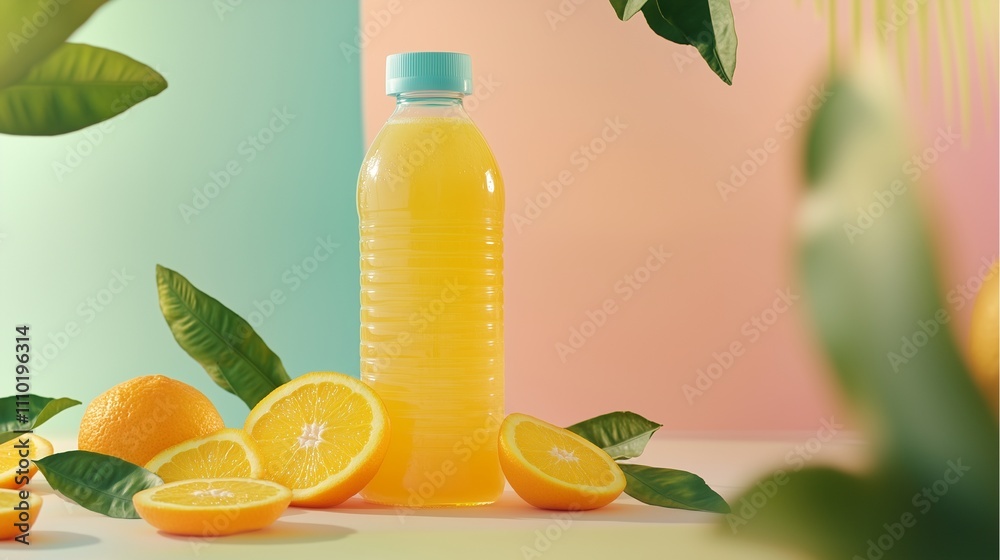 A fresh orange juice bottle styled A fresh orange juice bottle styled