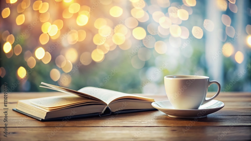 A Minimalist Workspace with a White Book, Coffee Cup, and Soft Bokeh Effect for a Cozy and Inviting Atmosphere A Minimalist Workspace with a White Book, Coffee Cup, and Soft Bokeh Effect for a Cozy and Inviting Atmosphere