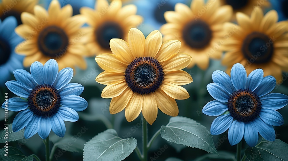 Vibrant yellow and blue sunflowers in blooming garden Vibrant yellow and blue sunflowers in blooming garden