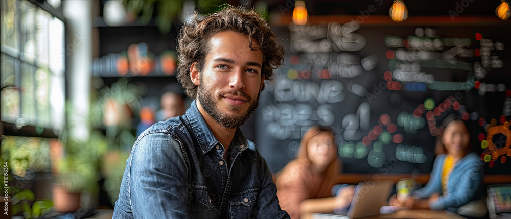 Young man smiling in a modern workspace while colleagues collaborate in the background Young man smiling in a modern workspace while colleagues collaborate in the background