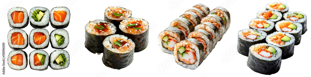 Sushi rolls with spreading sauce, isolated on a white background. Mix Collection PNG. Sushi rolls with spreading sauce, isolated on a white background. Mix Collection PNG.