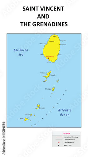 Saint Vincent and the Grenadines Map. Major cities in Saint Vincent and the Grenadines. Political map of Saint Vincent and the Grenadines with border and neighbouring countries. photo