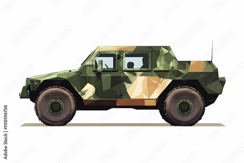A stylized military vehicle depicted in a geometric camouflage design. A stylized military vehicle depicted in a geometric camouflage design.