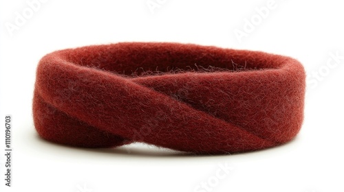 Handmade red woolen headband artfully crafted with a twisted design displayed on a clean white background for stylish accessory showcase photo