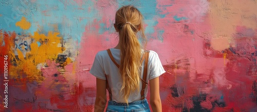 Teen girl standing in front of colorful graffiti wall, showcasing urban art and youthful spirit in a vibrant outdoor setting. photo