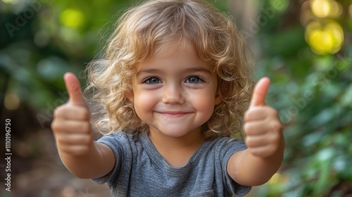 Cheerful child with curly hair showing thumbs up gesture outdoors celebrating achievement and positivity