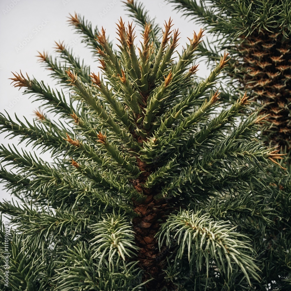 A monkey puzzle tree with spiky leaves spiraling around its branches, on a white background. A monkey puzzle tree with spiky leaves spiraling around its branches, on a white background.