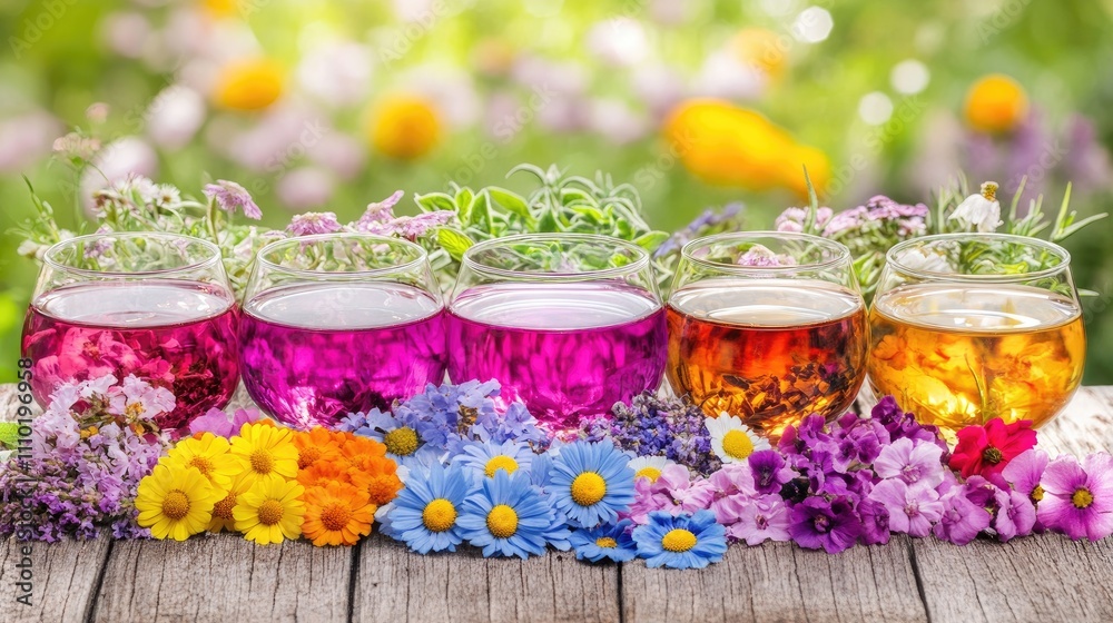 Colorful herbal teas in glass bowls surrounded by vibrant flowers on a rustic wooden table showcasing natural beauty and wellness. Colorful herbal teas in glass bowls surrounded by vibrant flowers on a rustic wooden table showcasing natural beauty and wellness.