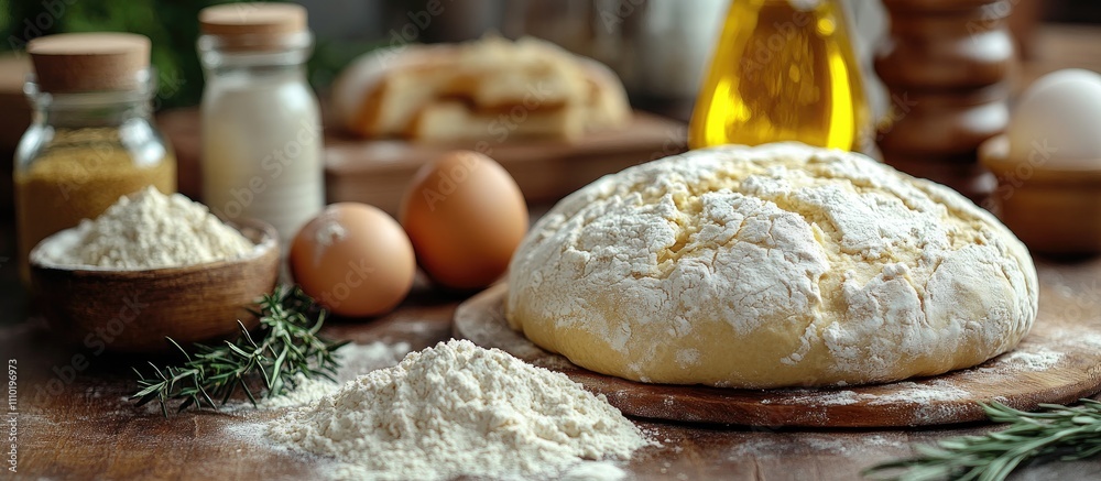 Ingredients for Homemade Bread Arrangement with Flour Eggs Herbs and Cooking Oil on Wooden Table in Rustic Kitchen Setting Ingredients for Homemade Bread Arrangement with Flour Eggs Herbs and Cooking Oil on Wooden Table in Rustic Kitchen Setting