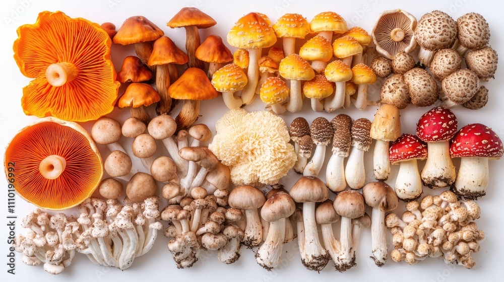 Variety of fresh edible mushrooms displayed on a white background showcasing diverse colors and textures for culinary inspiration Variety of fresh edible mushrooms displayed on a white background showcasing diverse colors and textures for culinary inspiration