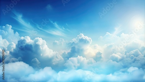 A serene sky with fluffy white clouds and a soft blue hue, creating a tranquil and inspiring atmosphere. photo