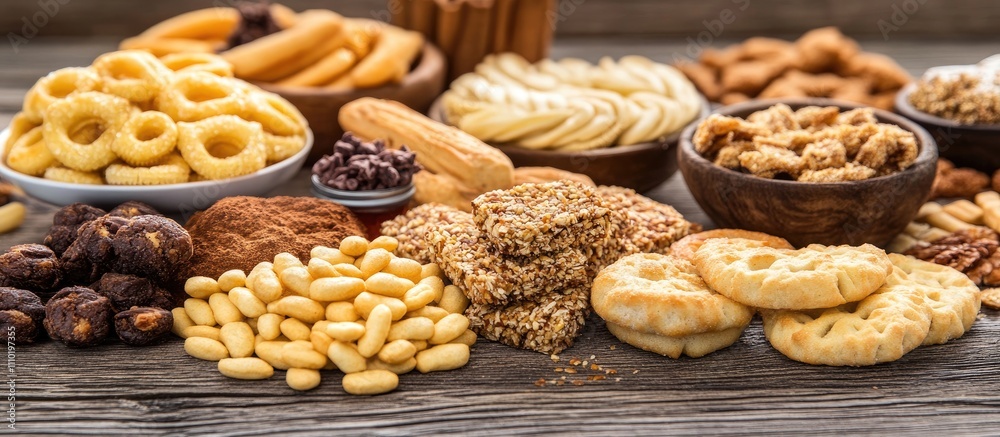 Assorted Snacks and Treats Displayed on Rustic Wooden Table with Decorative Elements
