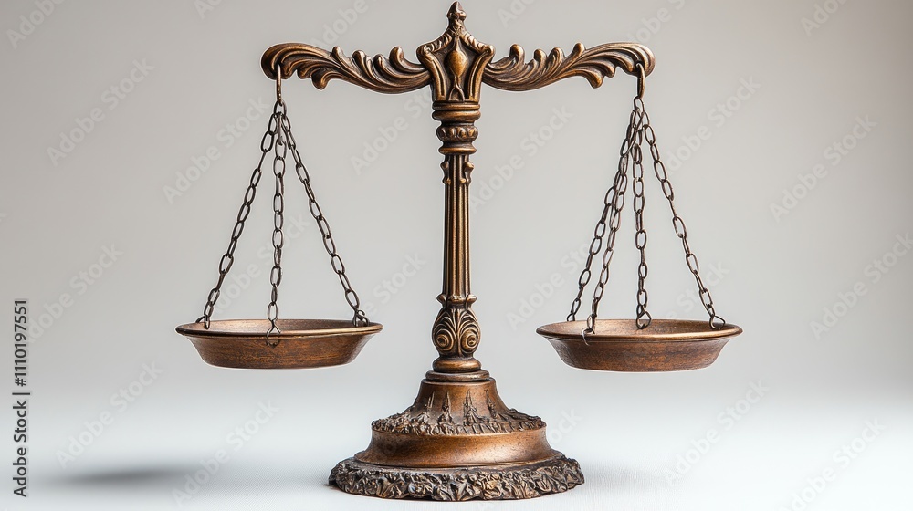 Classic bronze scales of balance elegantly displayed on a neutral background symbolizing justice and fairness in law and ethics. Classic bronze scales of balance elegantly displayed on a neutral background symbolizing justice and fairness in law and ethics.