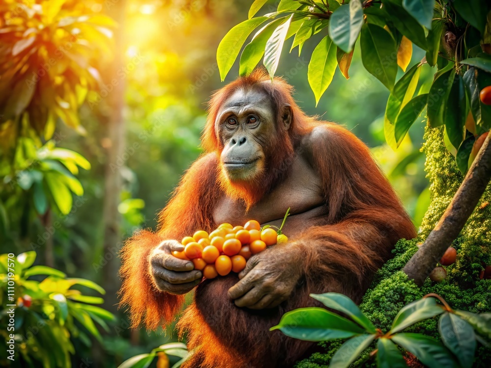 Obraz premium An Orangutan Relaxing in a Tree While Enjoying a Juicy Fruit in a Lush Tropical Forest Environment