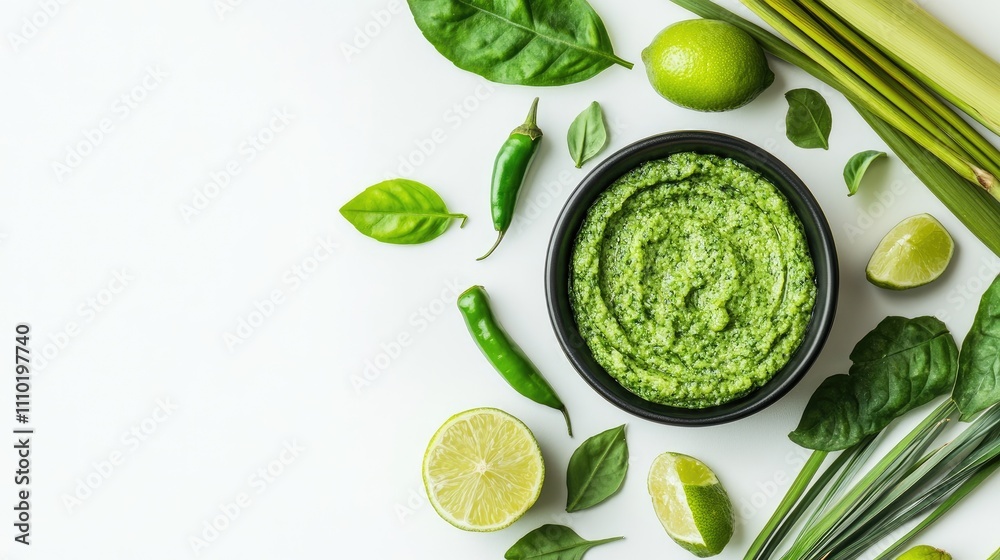 Obraz premium Fresh Green Sauce with Herbs, Vegetables, and Citrus on White Background
