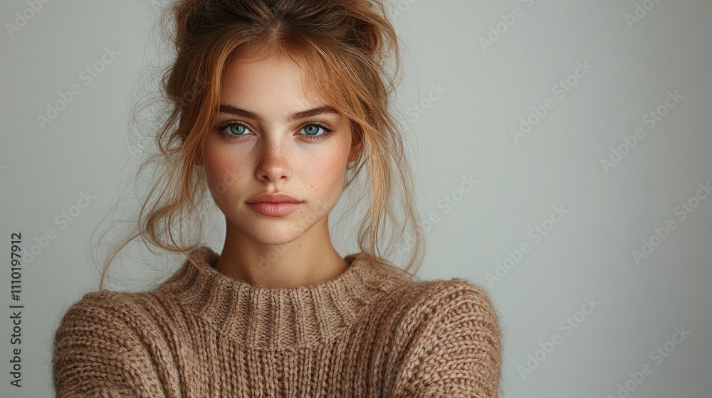 Young woman in cozy sweater with crossed arms looking contemplative and indecisive about choices reflecting confusion and product promotion Young woman in cozy sweater with crossed arms looking contemplative and indecisive about choices reflecting confusion and product promotion
