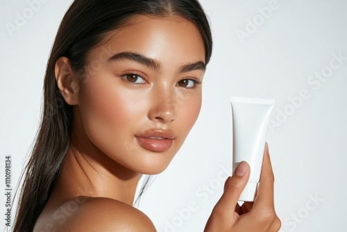 a beautiful woman holding a blank white skin care bottle - product mockup
