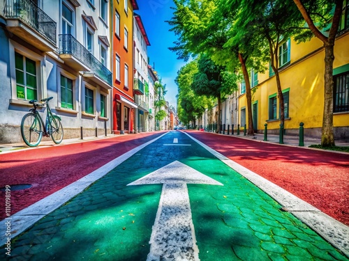 Architectural Photography of Road Markings in Lisbon: White Arrow and Green Bicycle Lane on Asphalt, Showcasing Urban Design in Europe