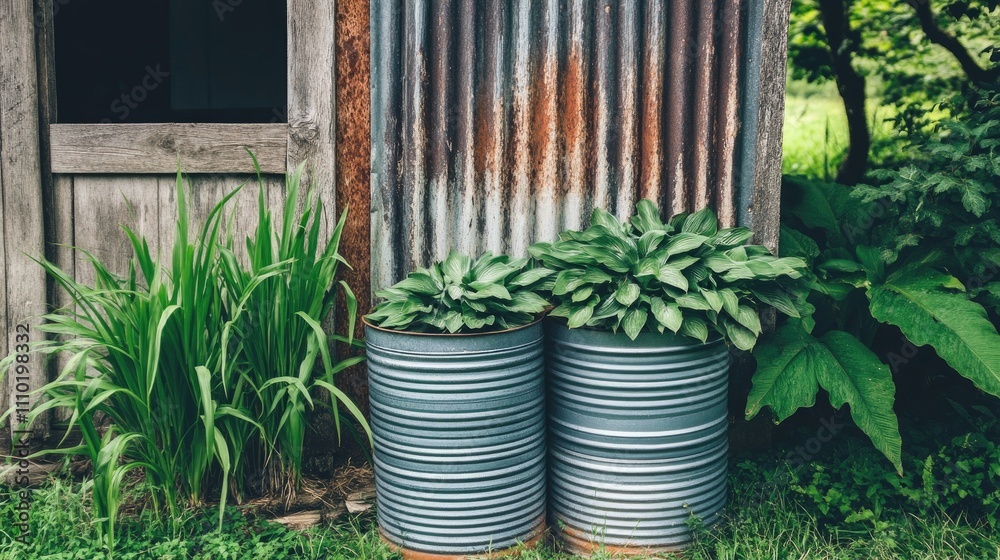 Rustic galvanized metal background with lush greenery and plants in barrels next to a weathered wooden structure in a tranquil outdoor setting Rustic galvanized metal background with lush greenery and plants in barrels next to a weathered wooden structure in a tranquil outdoor setting