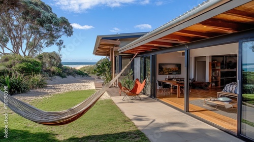 Beachside L-shaped bungalow with large sliding glass doors, a hammock in the yard, and golden sand beyond the patio.