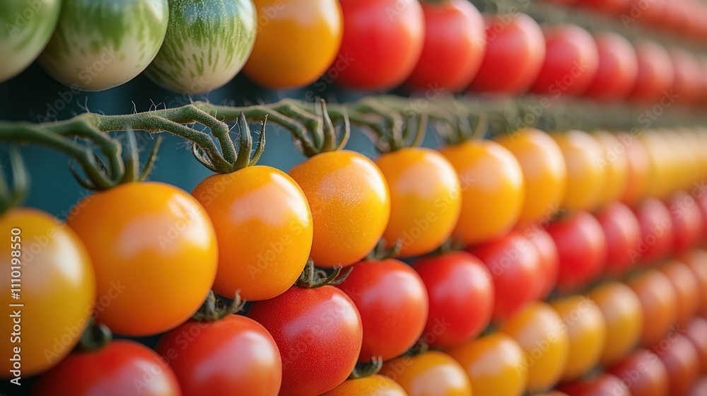 Vibrant rows of colorful tomatoes in ripening sequence